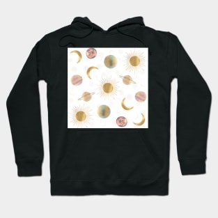 Gold Sun Moon Planets Space White illustration Hoodie